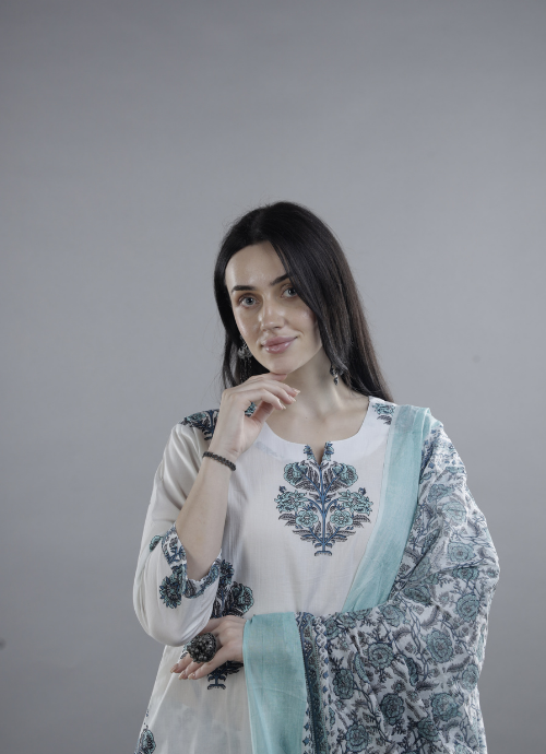 White Floral Block Print Kurta with Dupatta Set