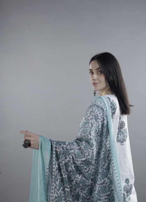 White Floral Block Print Kurta with Dupatta Set