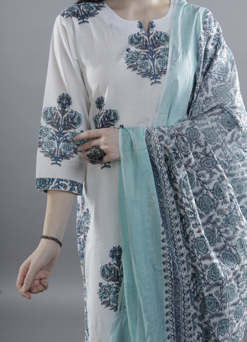 White Floral Block Print Kurta with Dupatta Set